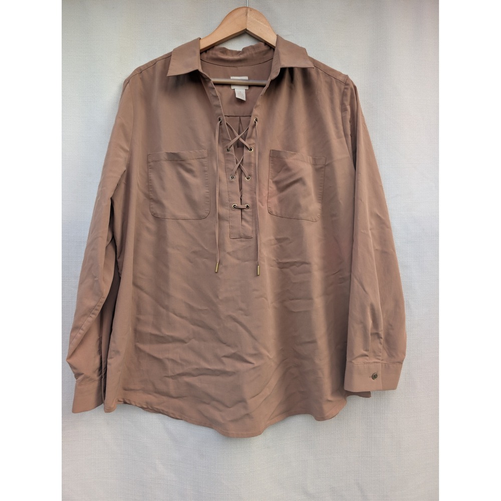 Chicos Womens Lace Up Front Blouse Brown Modal Blend Long Sleeve Top Size 3 XL